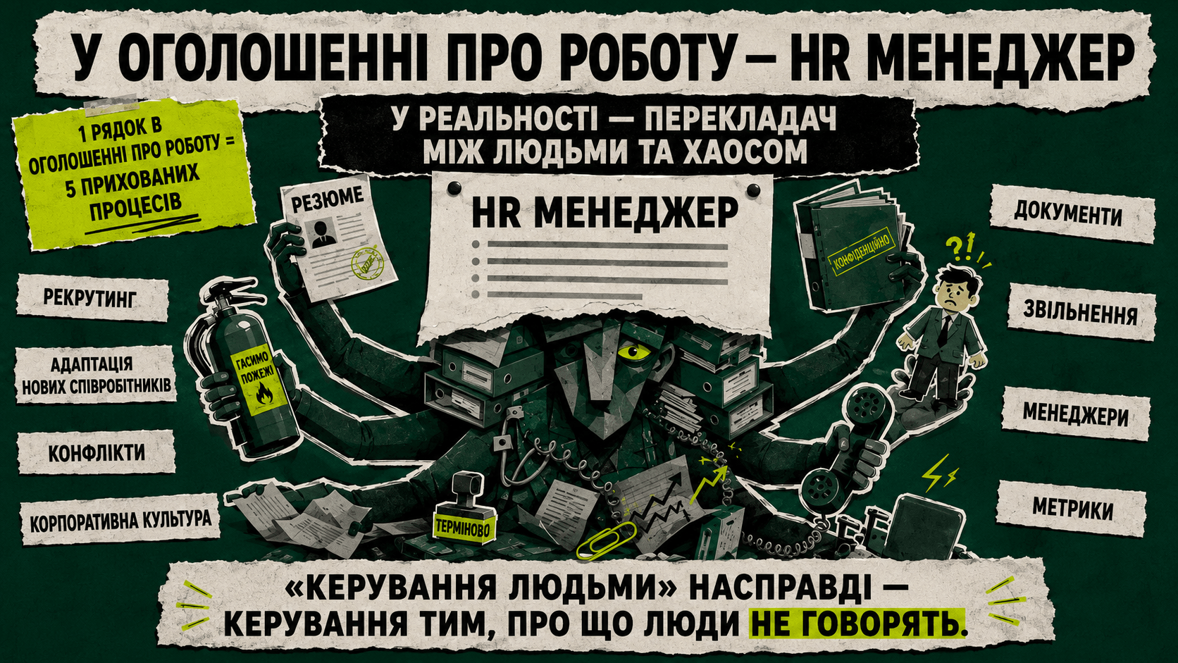 HR manager role shown as a hidden collection of hiring, onboarding, conflicts, documentation, employee exits, and leadership communication