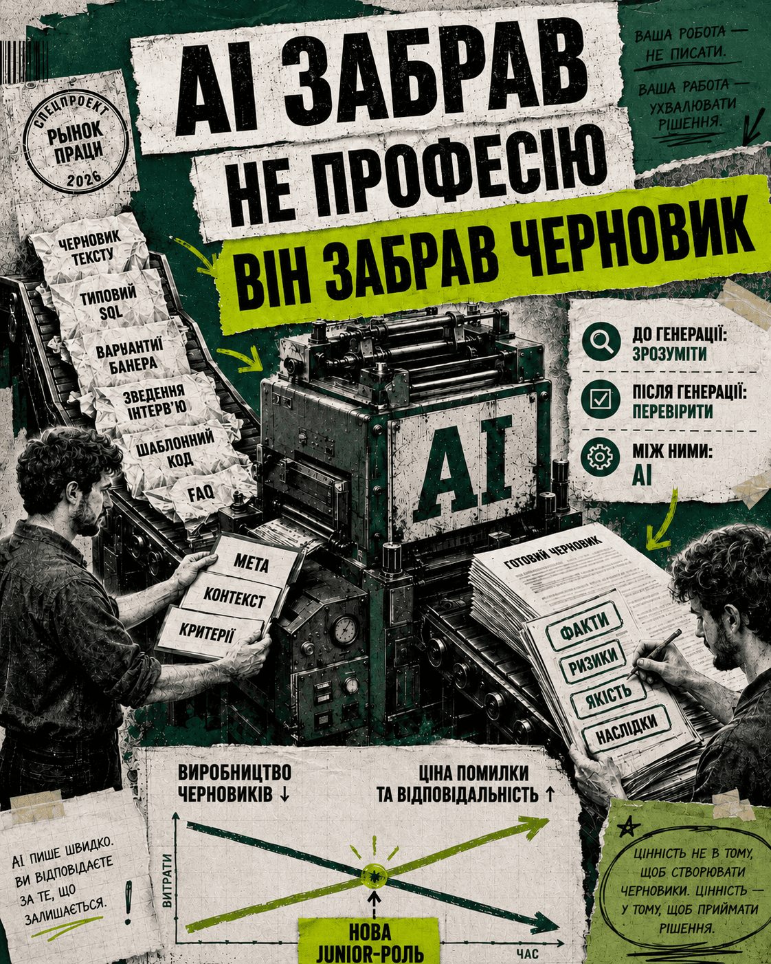 Office AI machine producing drafts while a worker defines the goal before generation and checks facts, risks and quality afterward
