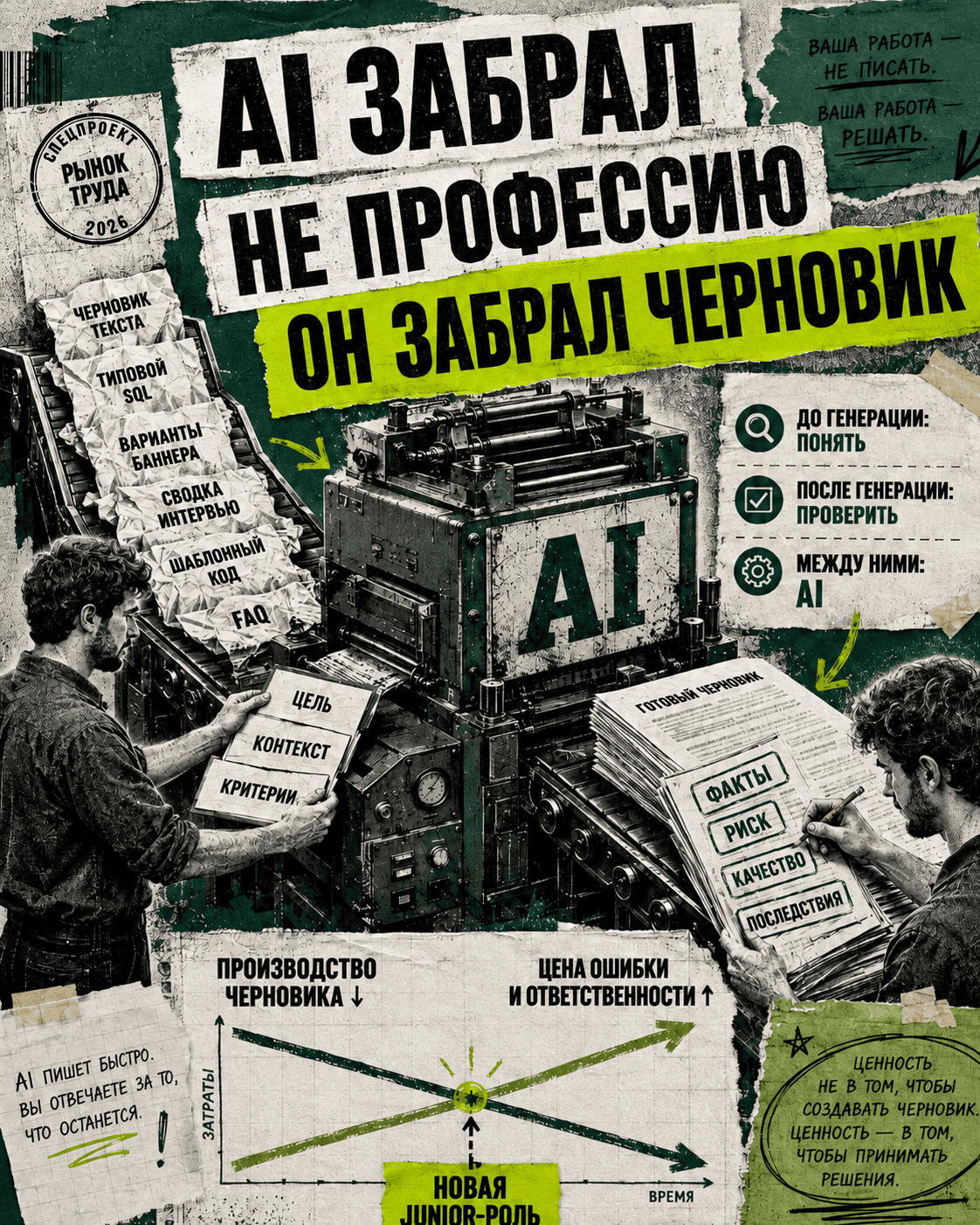 Office AI machine producing drafts while a worker defines the goal before generation and checks facts, risks and quality afterward