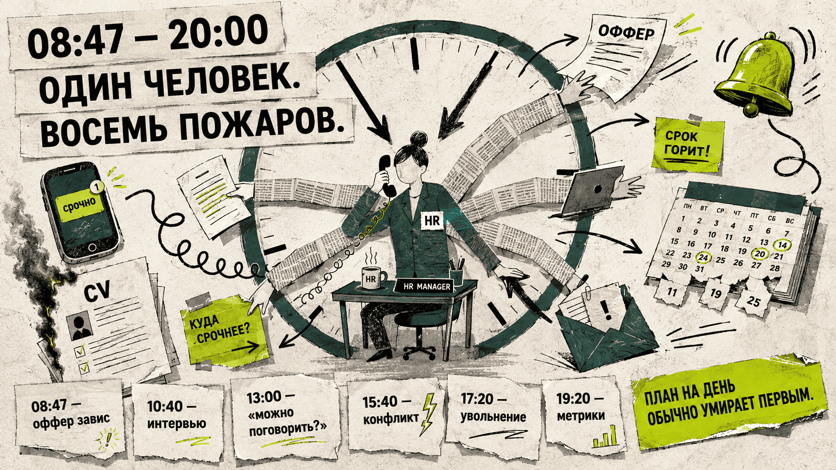 Collage-style cover showing an HR manager holding together hiring, employee conflicts, onboarding documents, and urgent work tasks