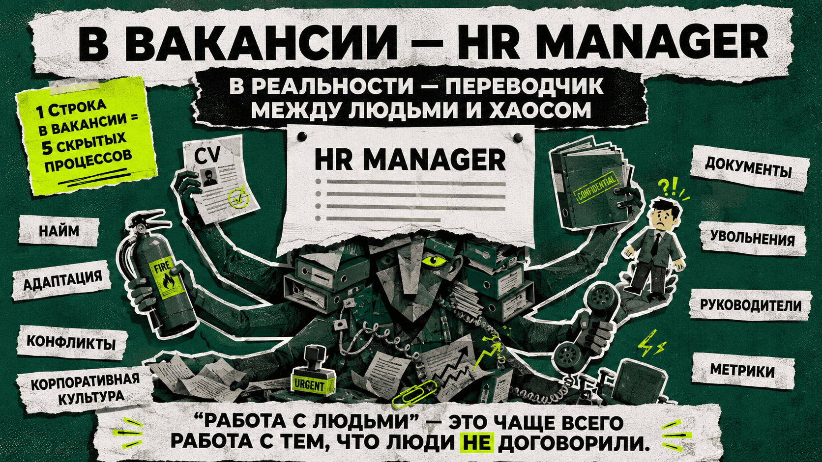 HR manager role shown as a hidden collection of hiring, onboarding, conflicts, documentation, employee exits, and leadership communication