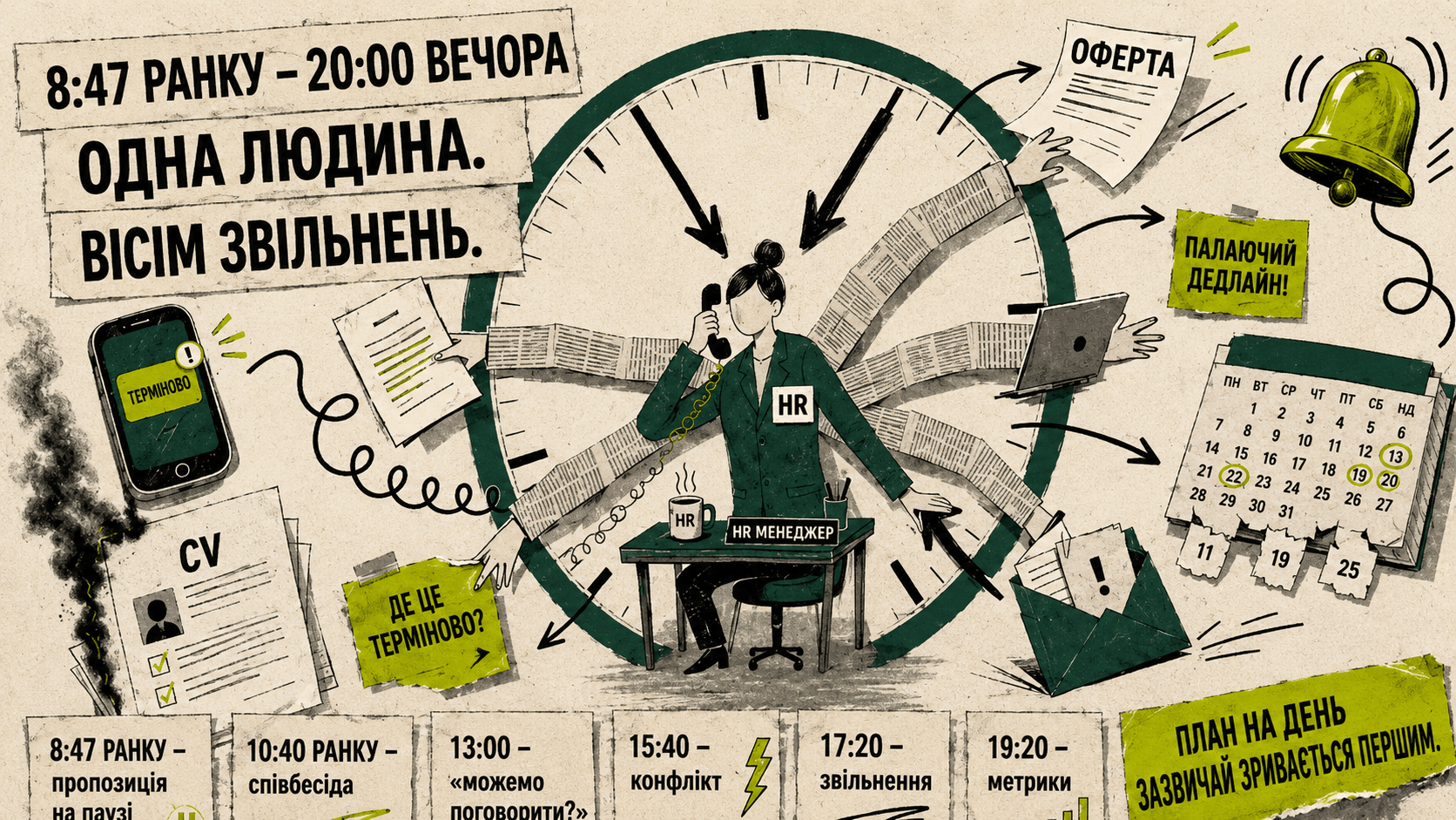 Обкладинка в стилі колажу, на якій зображений менеджер по персоналу, що займається підбором персоналу, конфліктами з співробітниками, оформленням документів і терміновими робочими завданнями