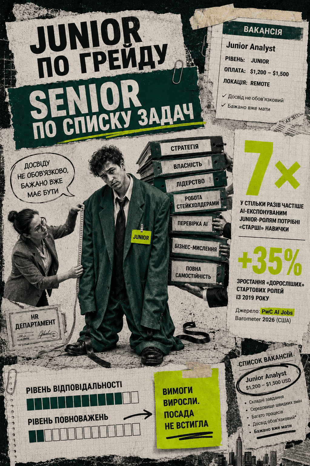Junior employee wearing an oversized senior suit and carrying strategy, leadership, ownership and AI verification responsibilities