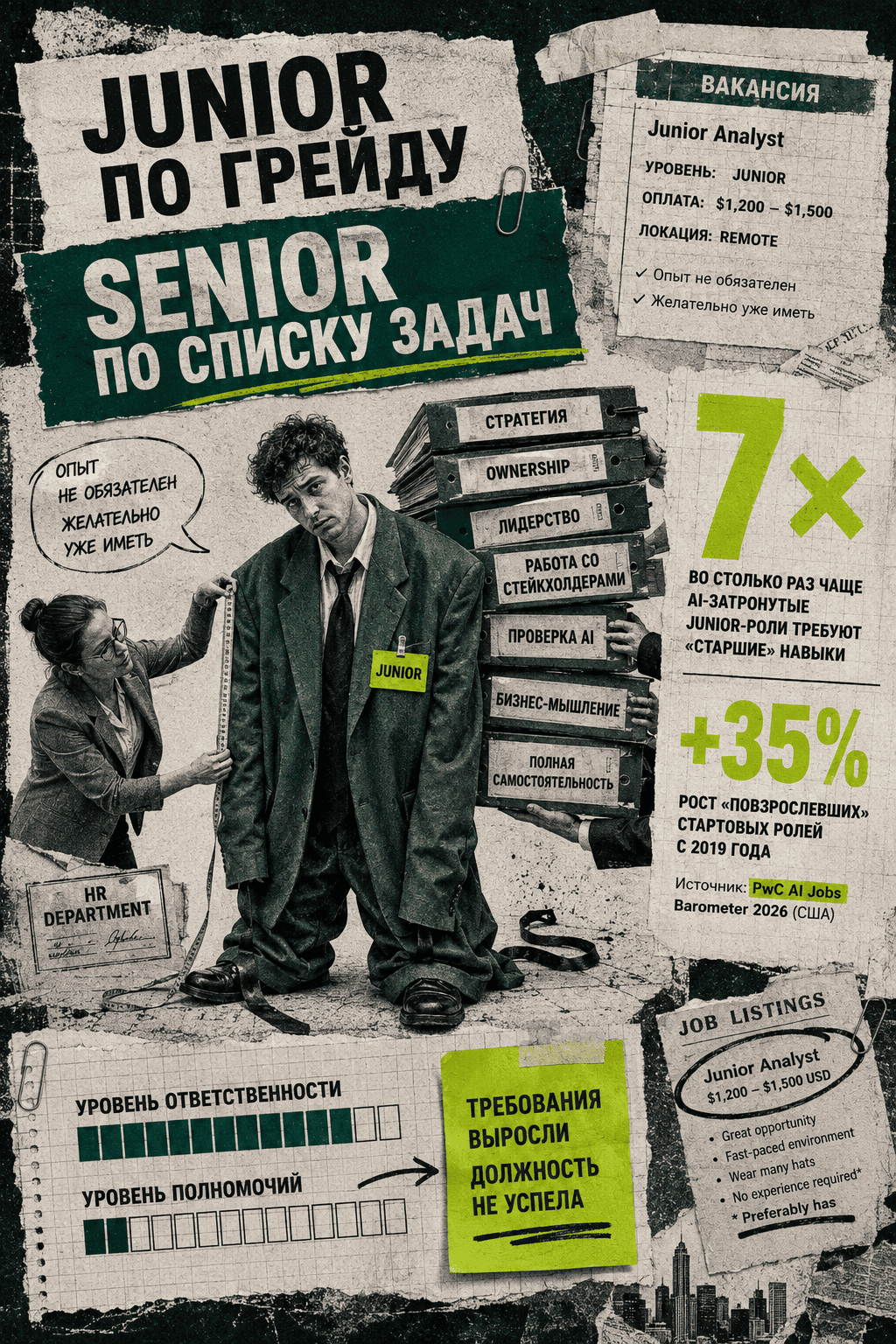 Junior employee wearing an oversized senior suit and carrying strategy, leadership, ownership and AI verification responsibilities