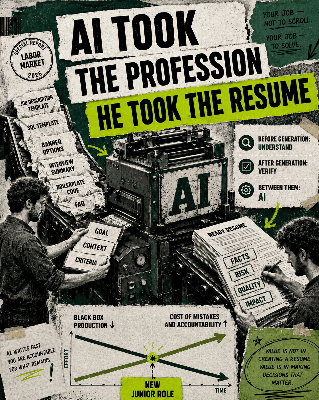 Office AI machine producing drafts while a worker defines the goal before generation and checks facts, risks and quality afterward