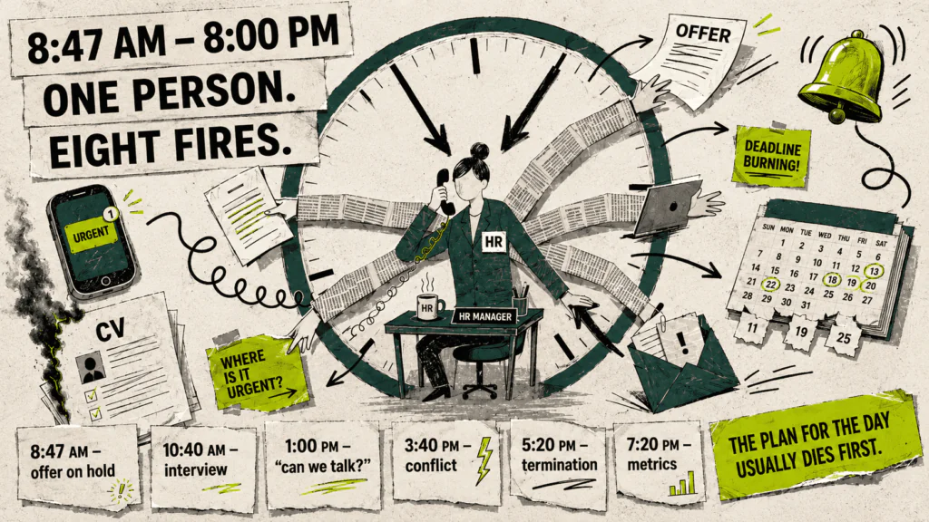 Collage-style cover showing an HR manager holding together hiring, employee conflicts, onboarding documents, and urgent work tasks