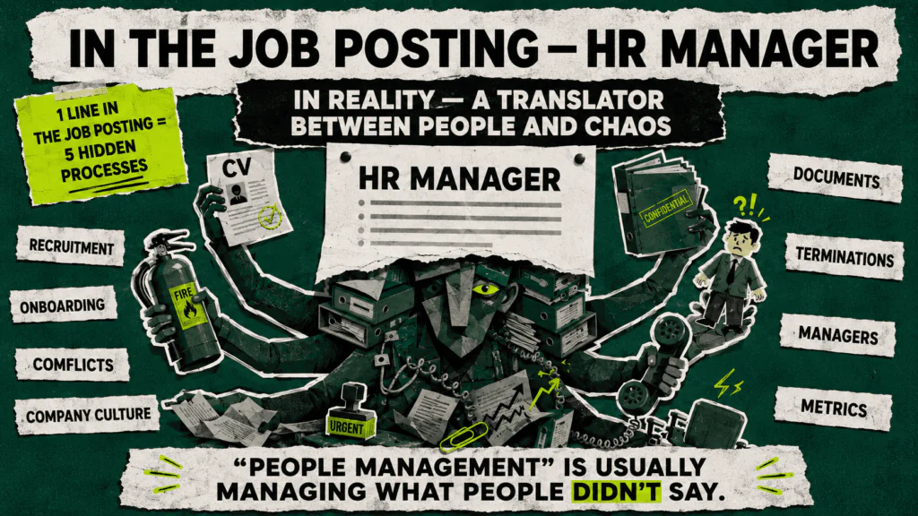 HR manager role shown as a hidden collection of hiring, onboarding, conflicts, documentation, employee exits, and leadership communication